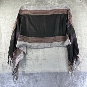 Rectangular Scarf Black Gray w/ Multicolored Stripes Fringe